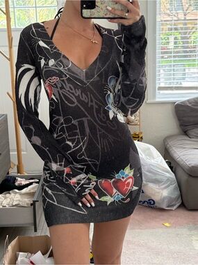 Ed Hardy Black Tattoo-Print V-Neck Mini Dress with Hearts